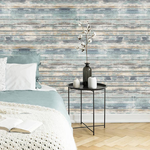 Arthome blue rustic wood paper on dresser front with vintage texture and removable finish
