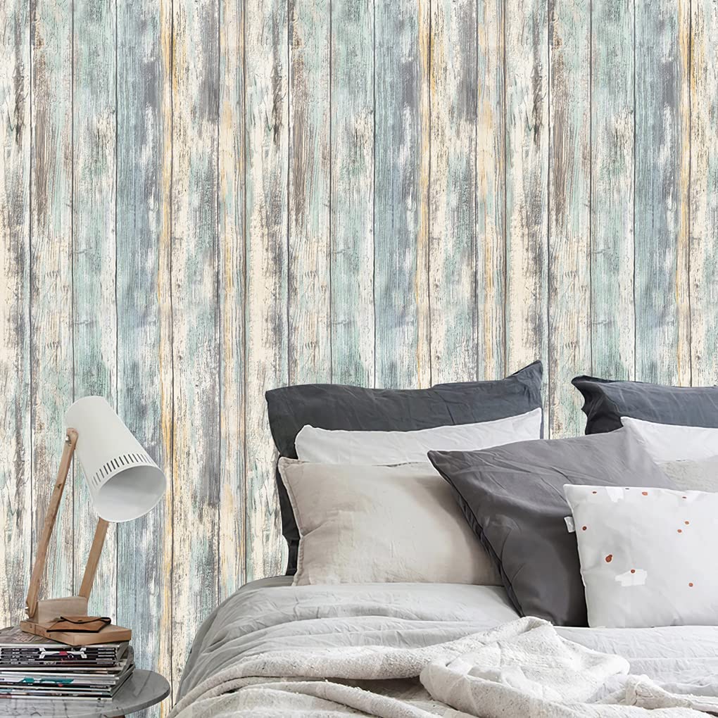 Arthome blue rustic wood paper wallcovering displaying authentic blue wood grain