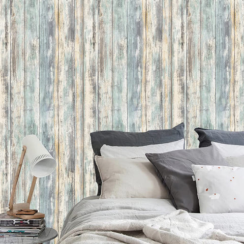 Arthome blue rustic wood paper wallcovering displaying authentic blue wood grain