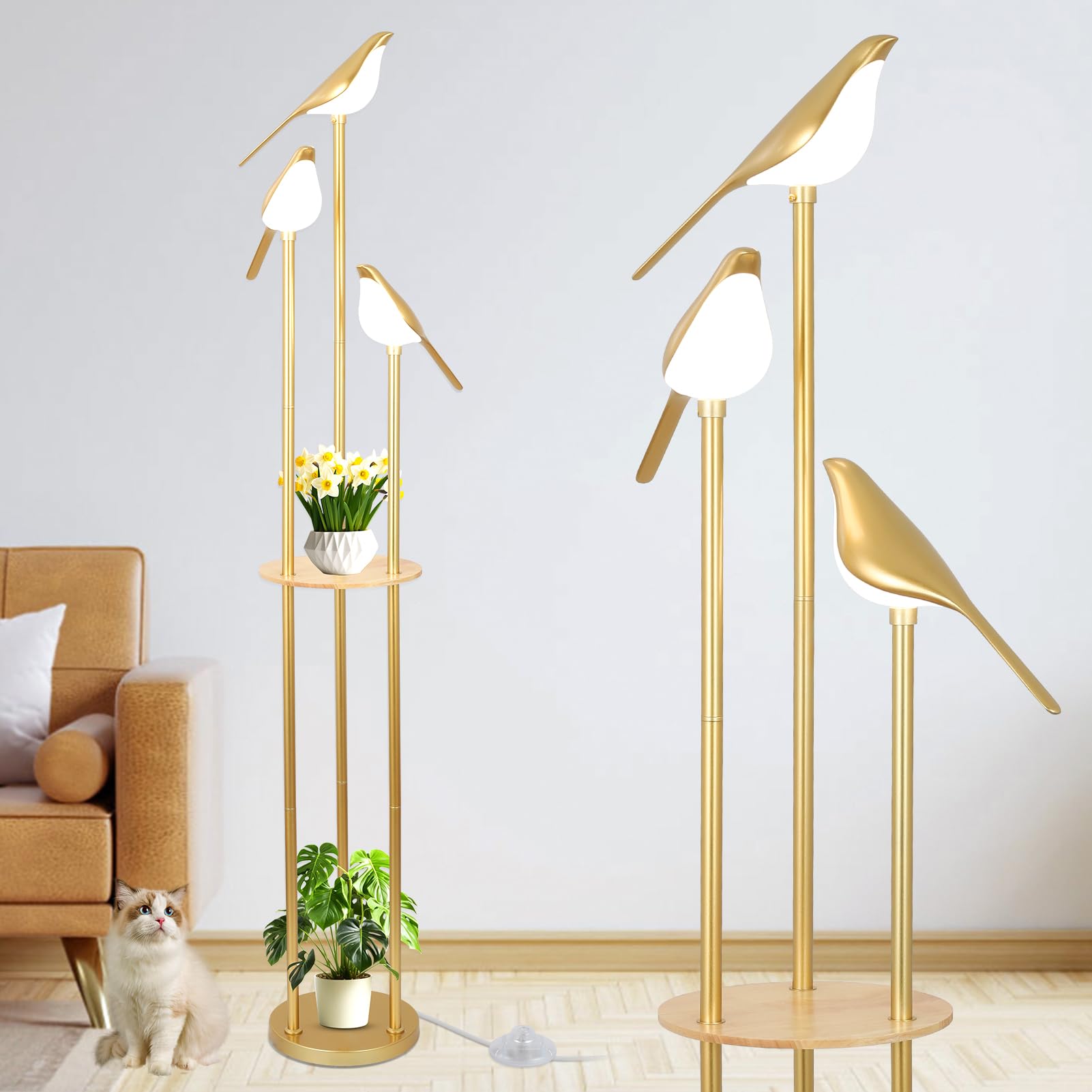 Artmooy Gold Floor Lamp with Shelves adds ambient light and display space