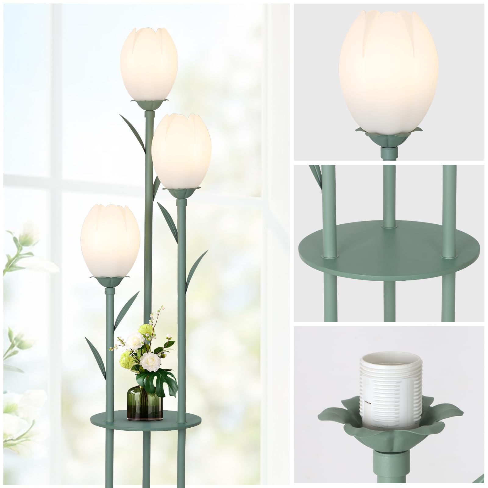 Artmooy green floor lamp with shelves brightens living spaces and keeps essentials nearby.