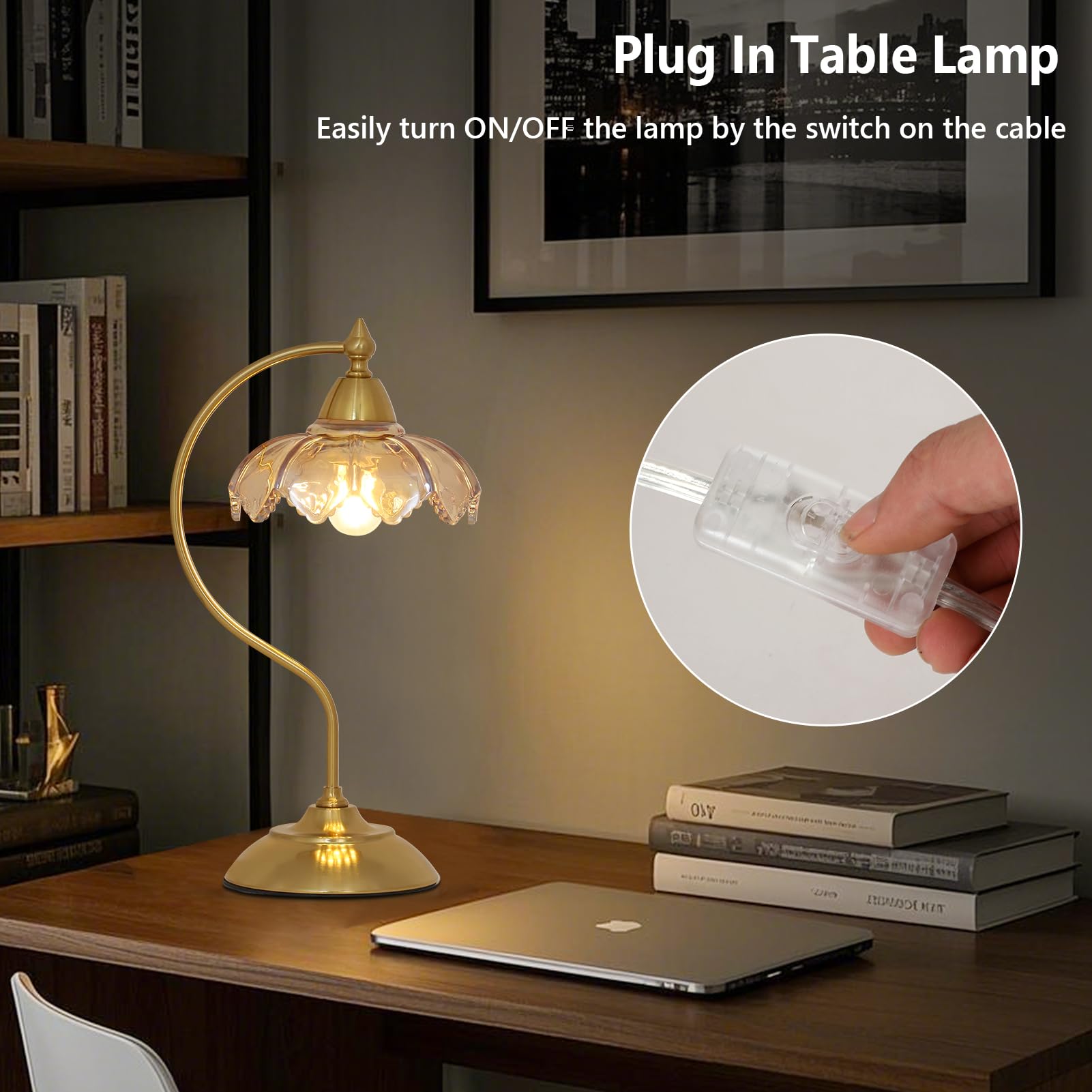 Artmooy amber glass shade glows softly, creating a cozy bedroom ambiance.