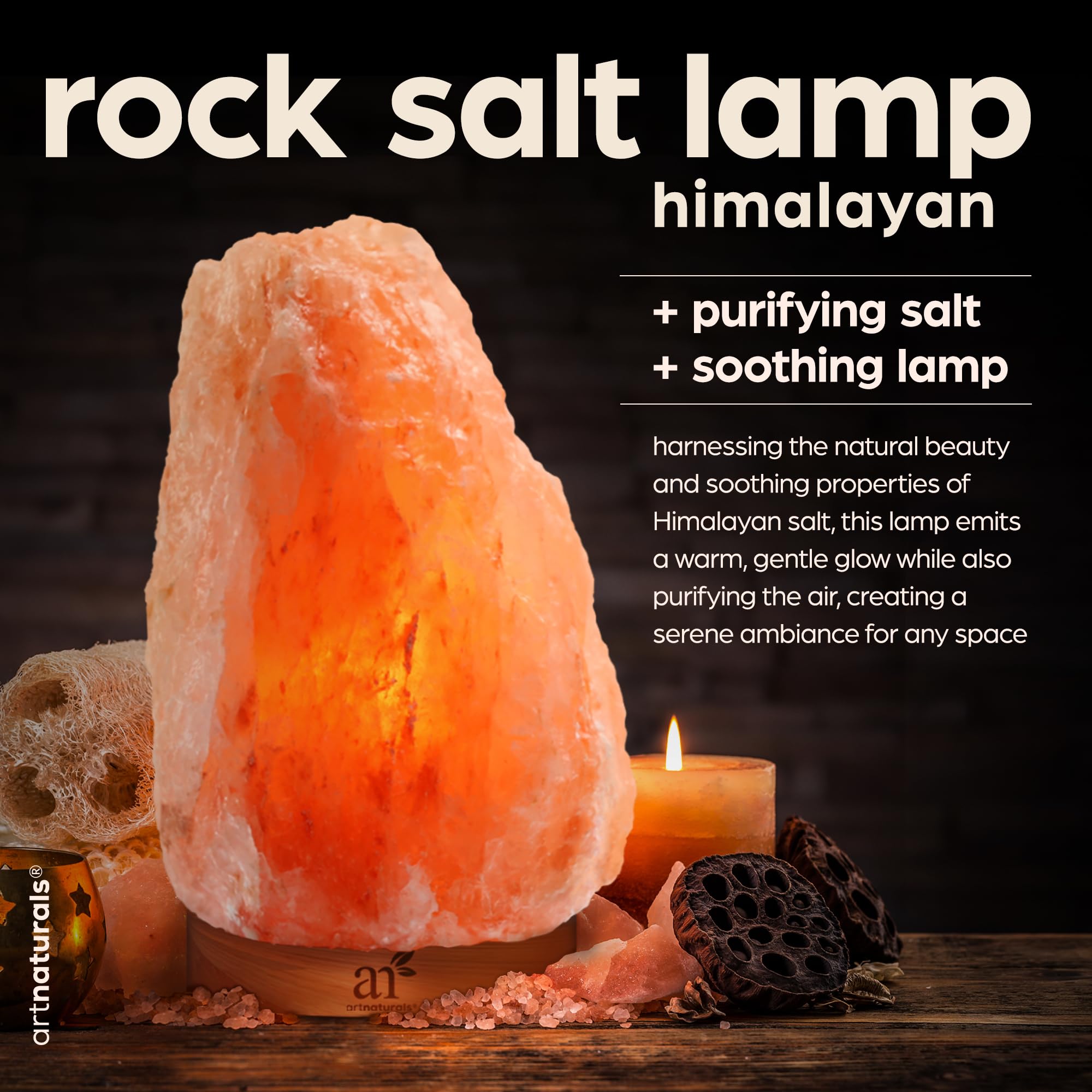 Artnaturals pink salt lamp on wooden base adding natural warmth