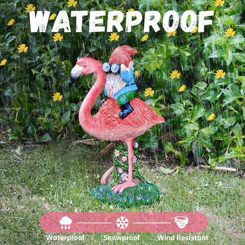 ArtTerpnica solar flamingo gnome automatic night light lasts 8–10 hours.