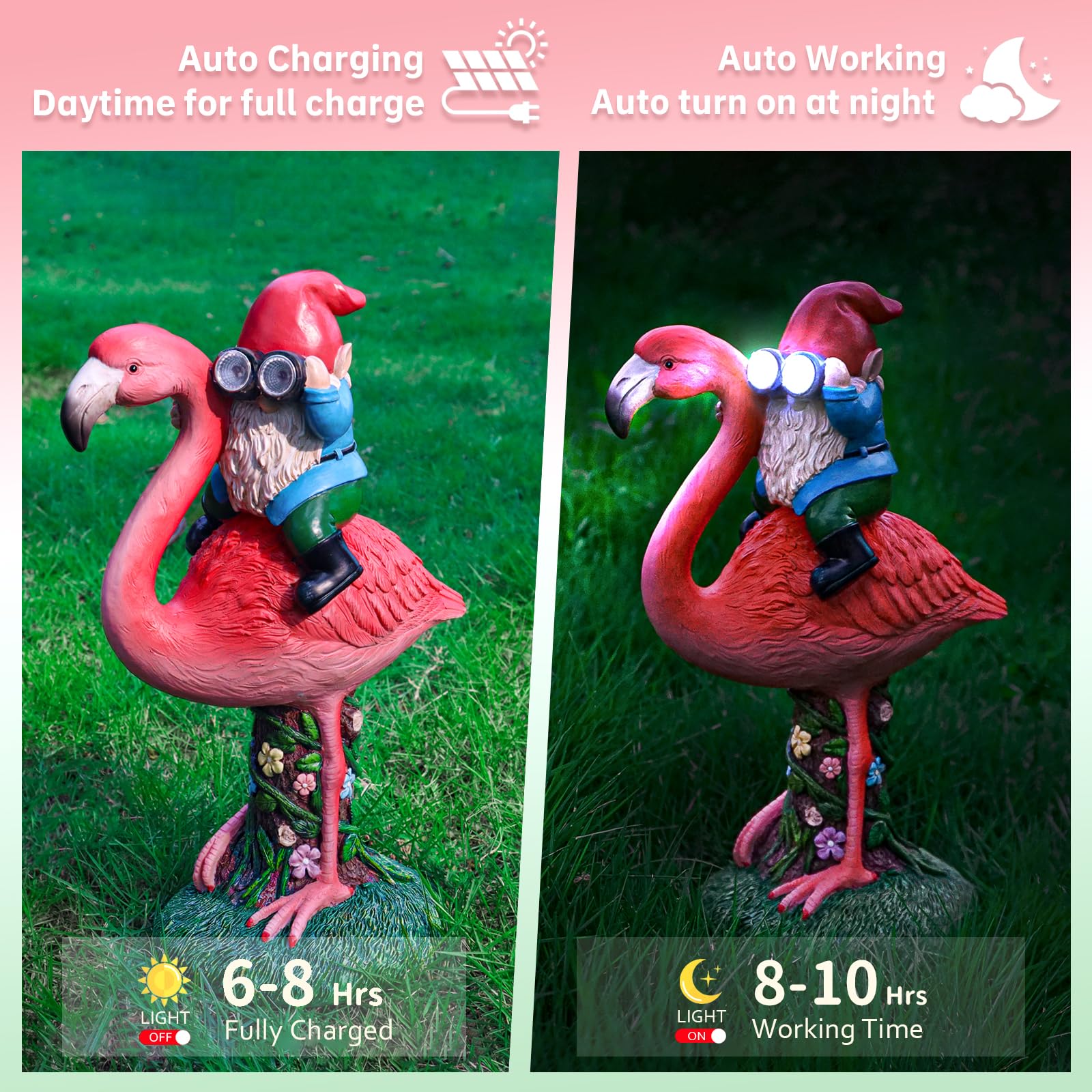 ArtTerpnica solar flamingo gnome backyard decor withstands rain and sun.