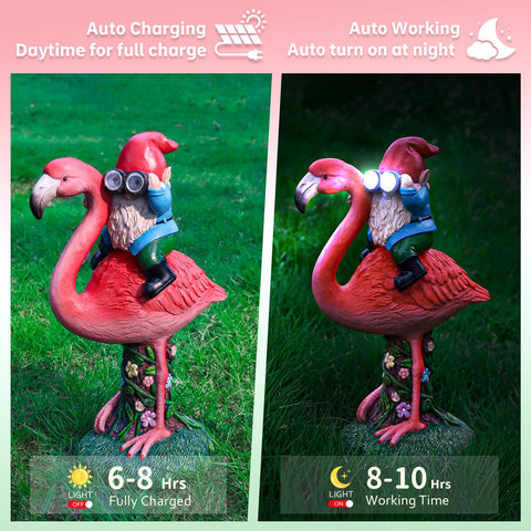 ArtTerpnica solar flamingo gnome backyard decor withstands rain and sun.