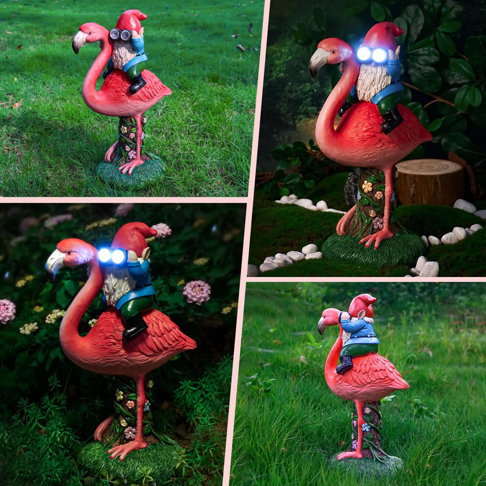 ArtTerpnica solar flamingo gnome on patio enhances outdoor decor.