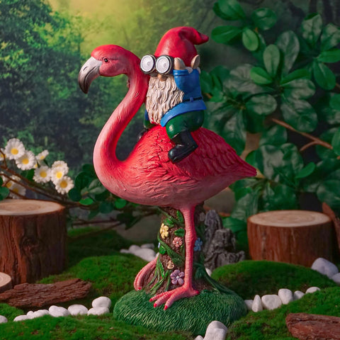 ArtTerpnica solar flamingo gnome in yard with no wiring required.
