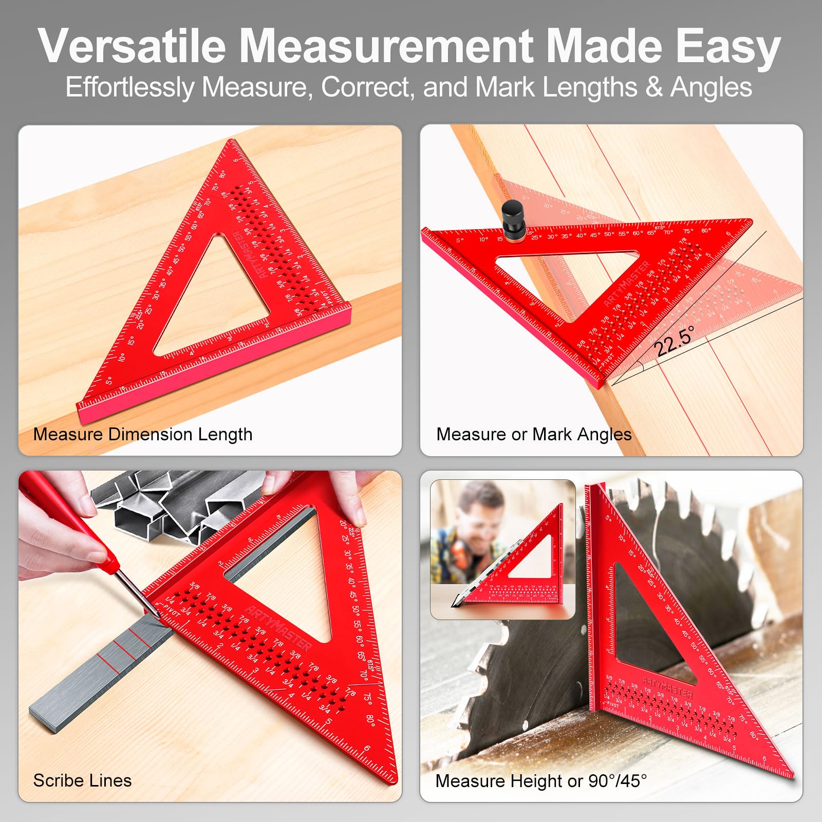 ARTYMASTER 0-90 degree rafter square for quick angle marking.
