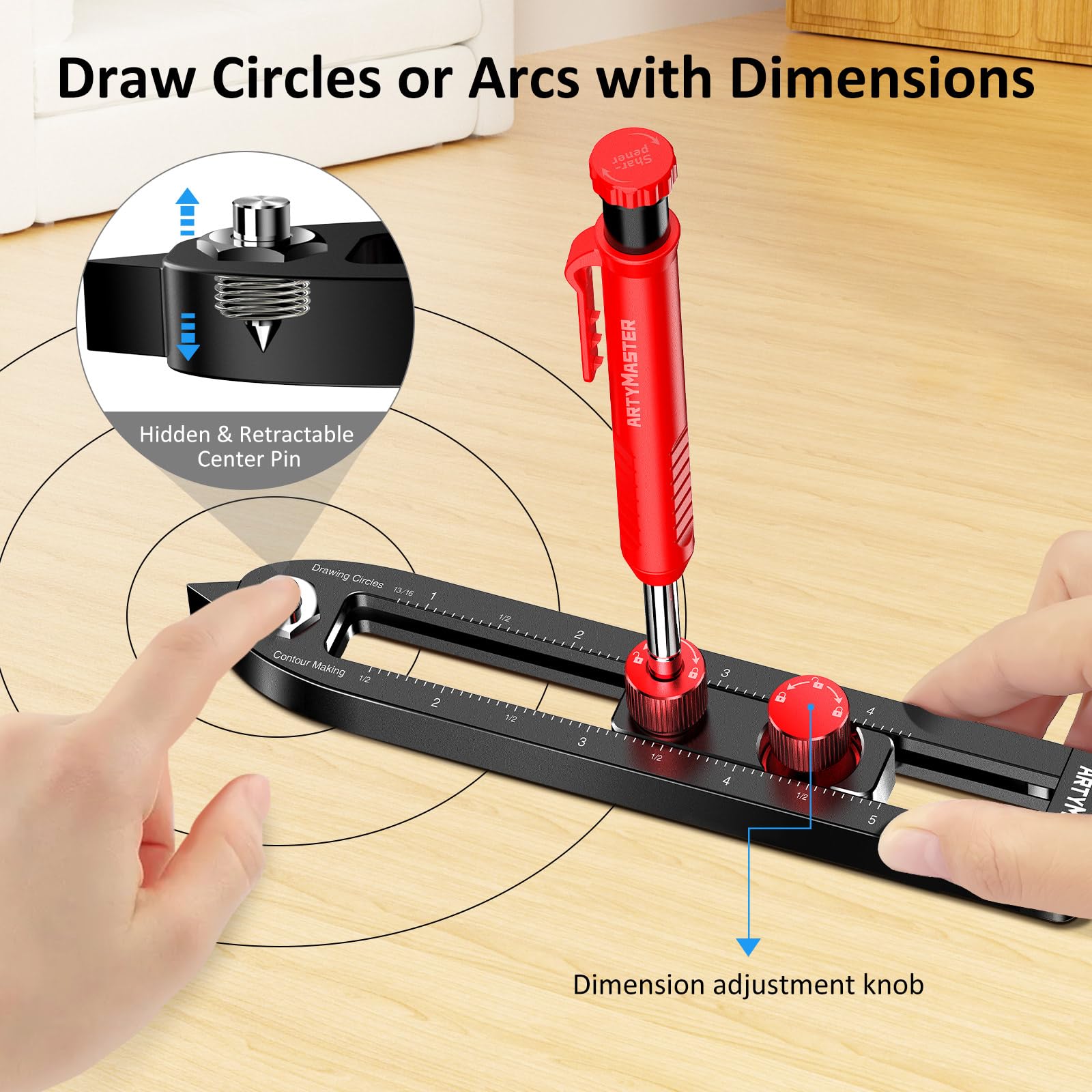 ARTYMASTER hidden retractable center pin for arc drawing.