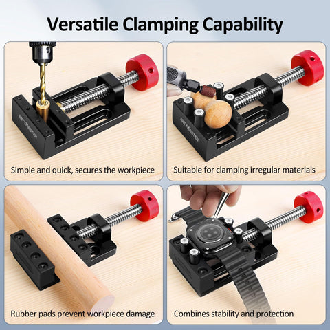ArtyMaster mini vise with V-grooves securing cylindrical parts during setup.