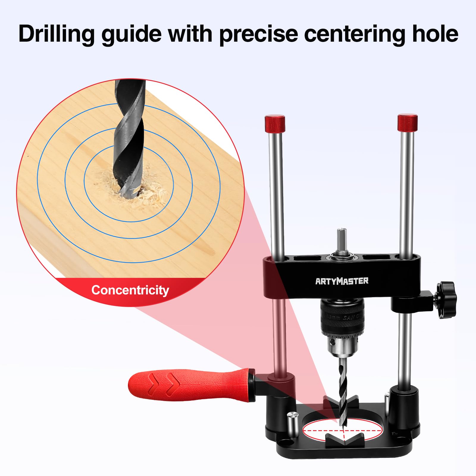 ArtyMaster V-groove base stabilizes round workpieces during vertical drilling