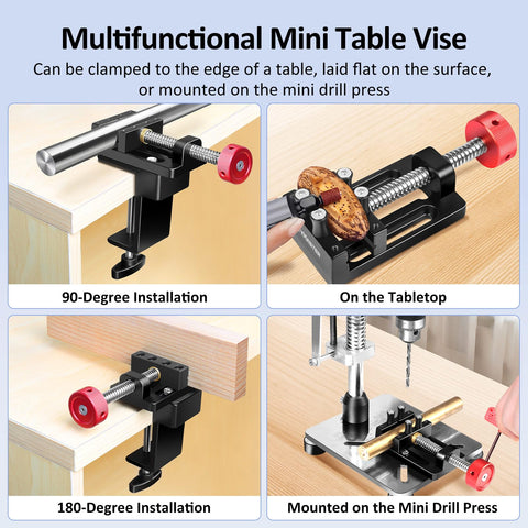 ArtyMaster drill press vise red-knob leverage shown for strong yet smooth clamping.