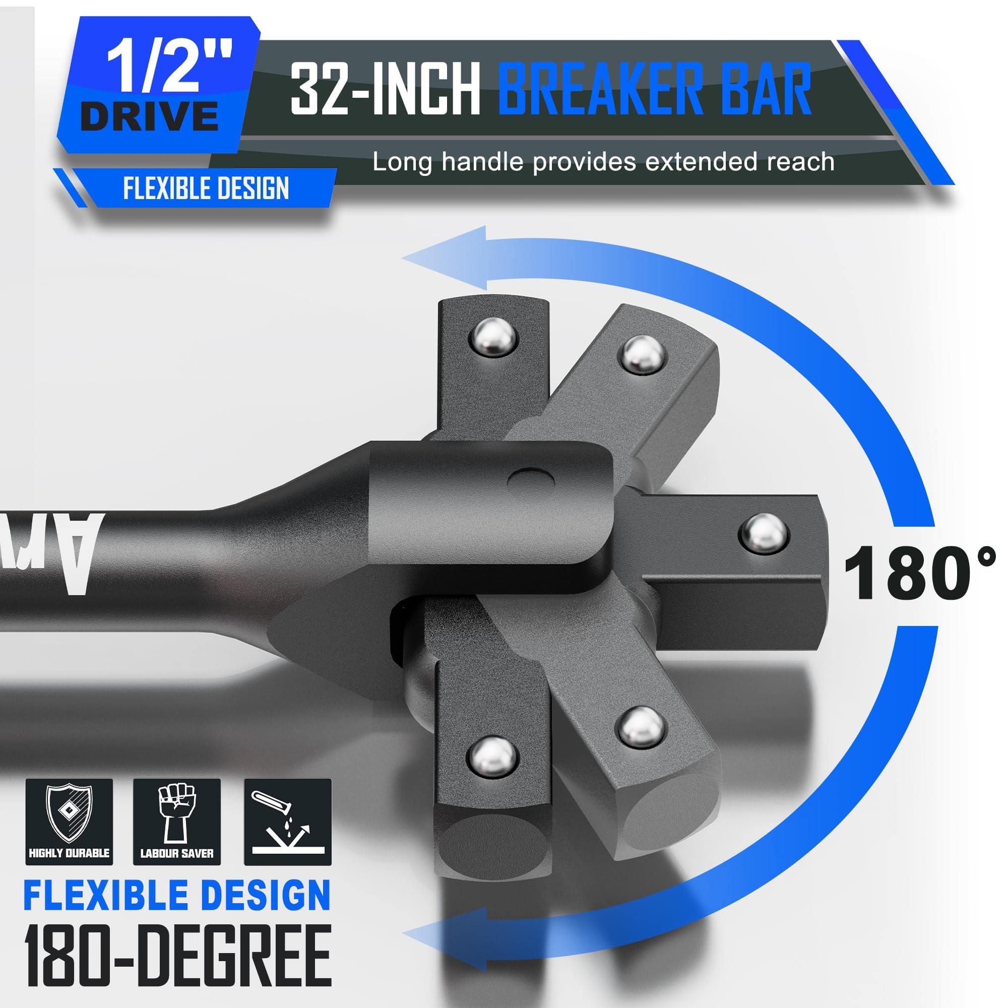 32-inch heavy-duty extension provides extra reach for stubborn fasteners.