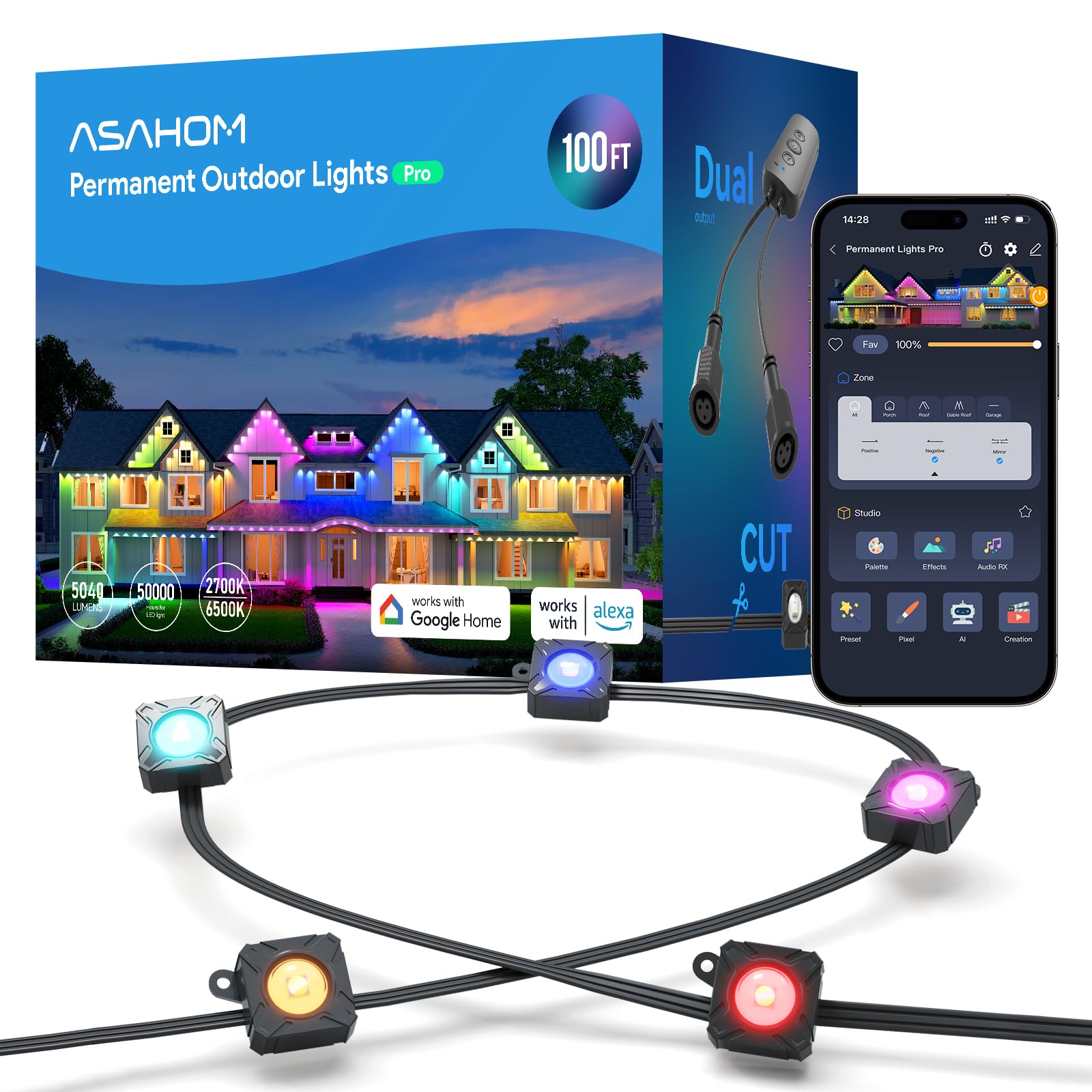 ASAHOM Pro S108B 100ft outdoor lights with RGBCW LEDs for vibrant ambiance