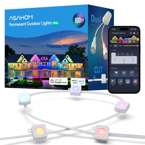 ASAHOM Pro S108B outdoor lights on a home facade, enhancing curb appeal with customizable RGB-CW lighting.