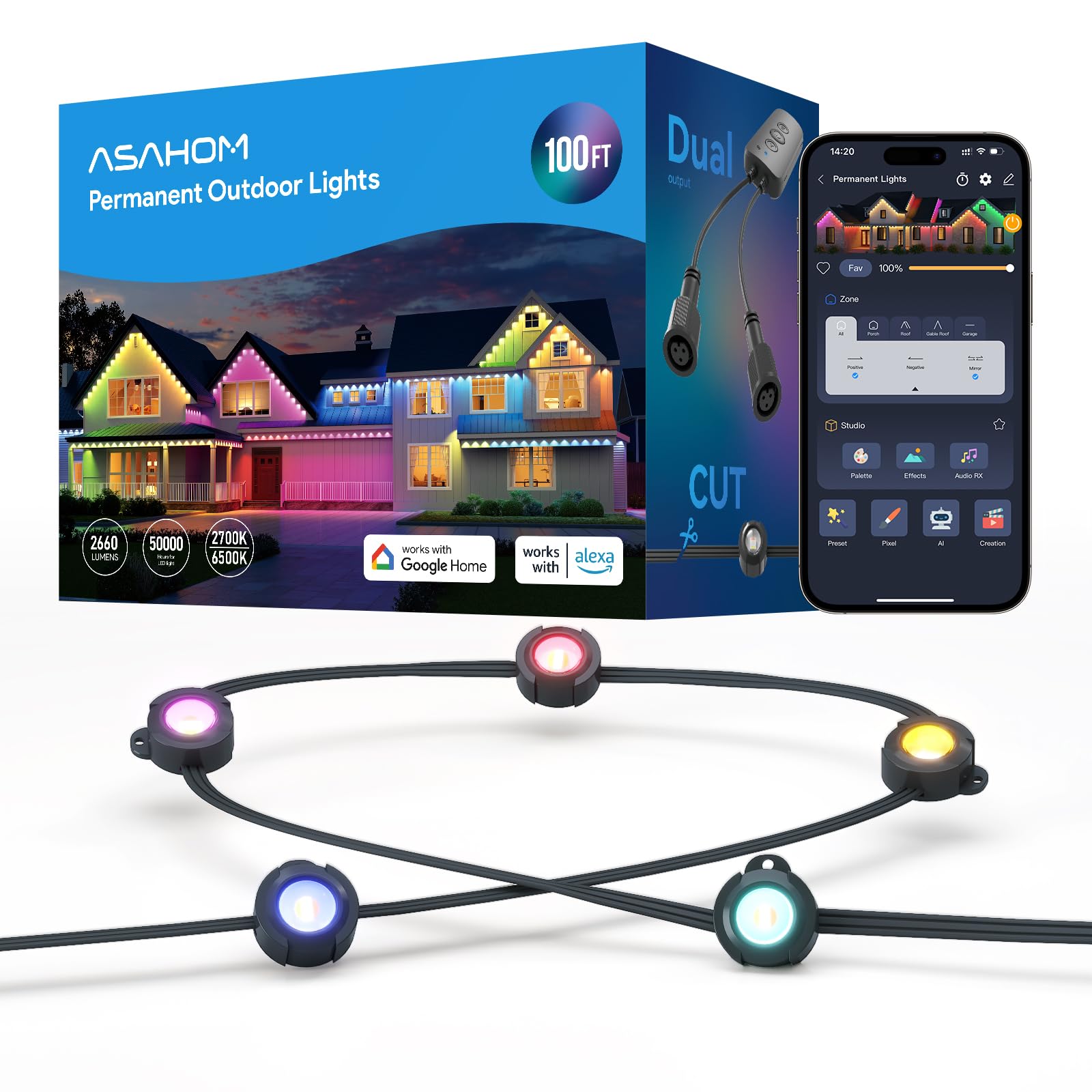 ASAHOM S107B 100ft outdoor lights creating vibrant dusk ambience for curbside decor
