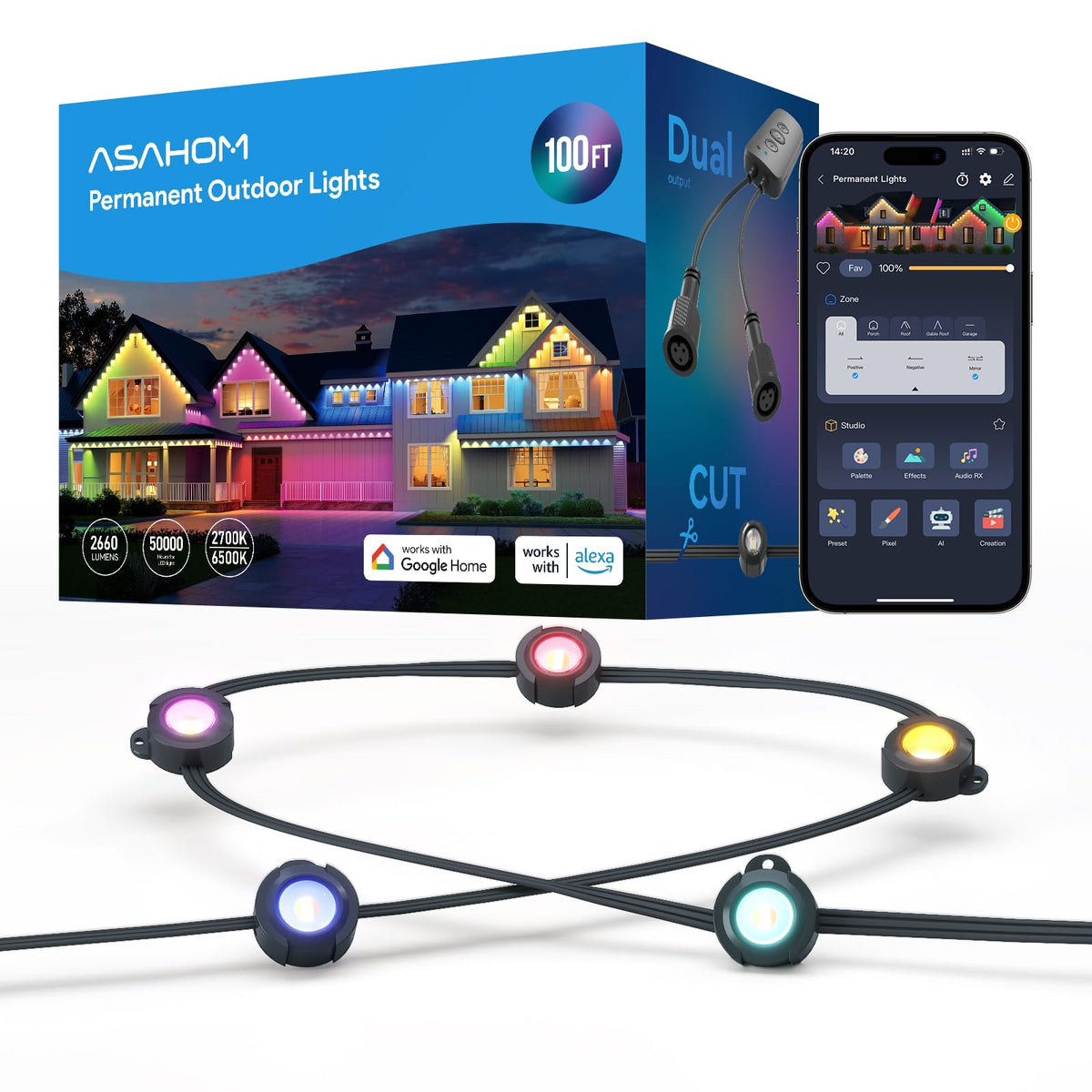 ASAHOM S107B 100ft outdoor lights creating vibrant dusk ambience for curbside decor