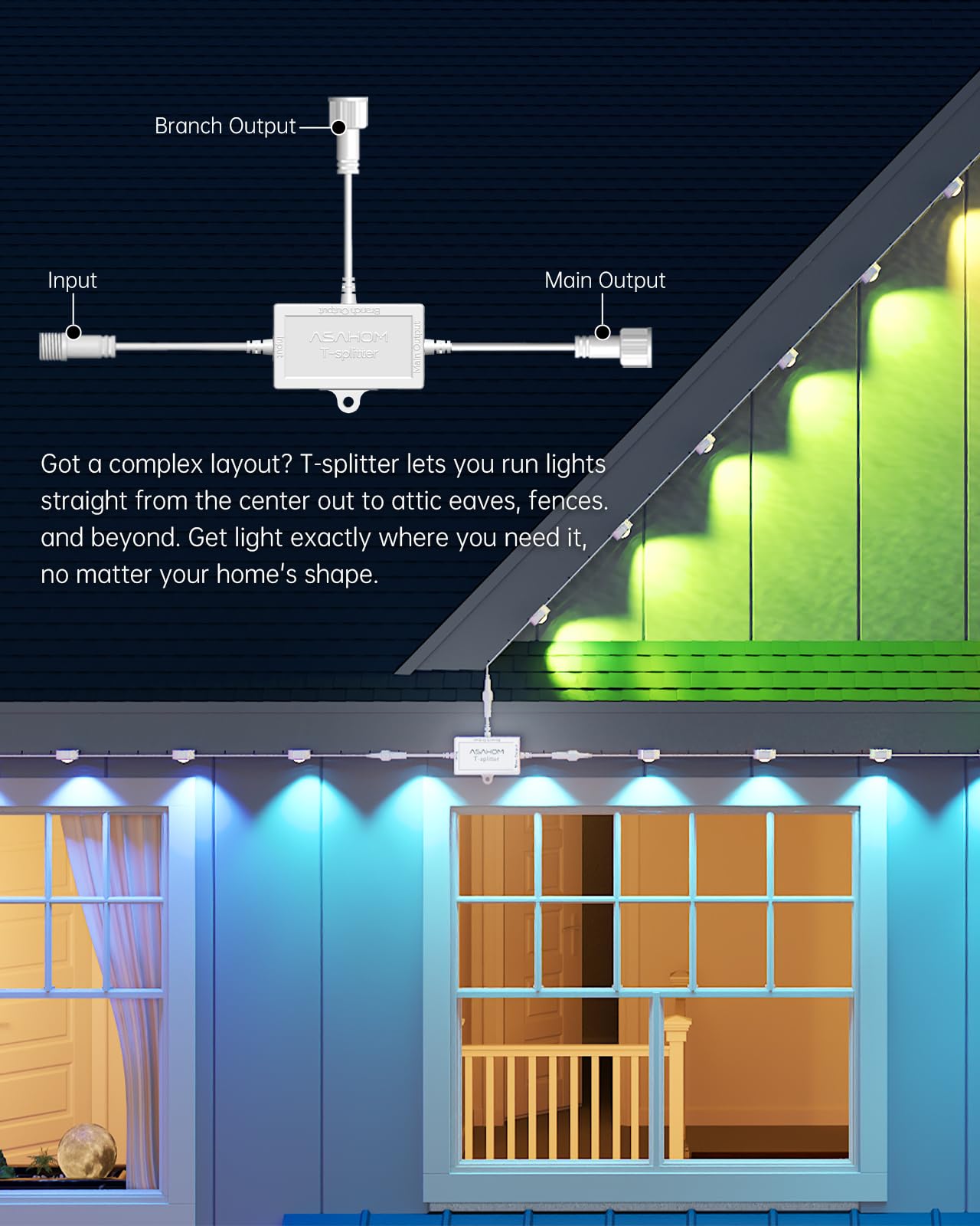ASAHOM T-Splitter for center-out layouts allows efficient fence or rooftop lighting