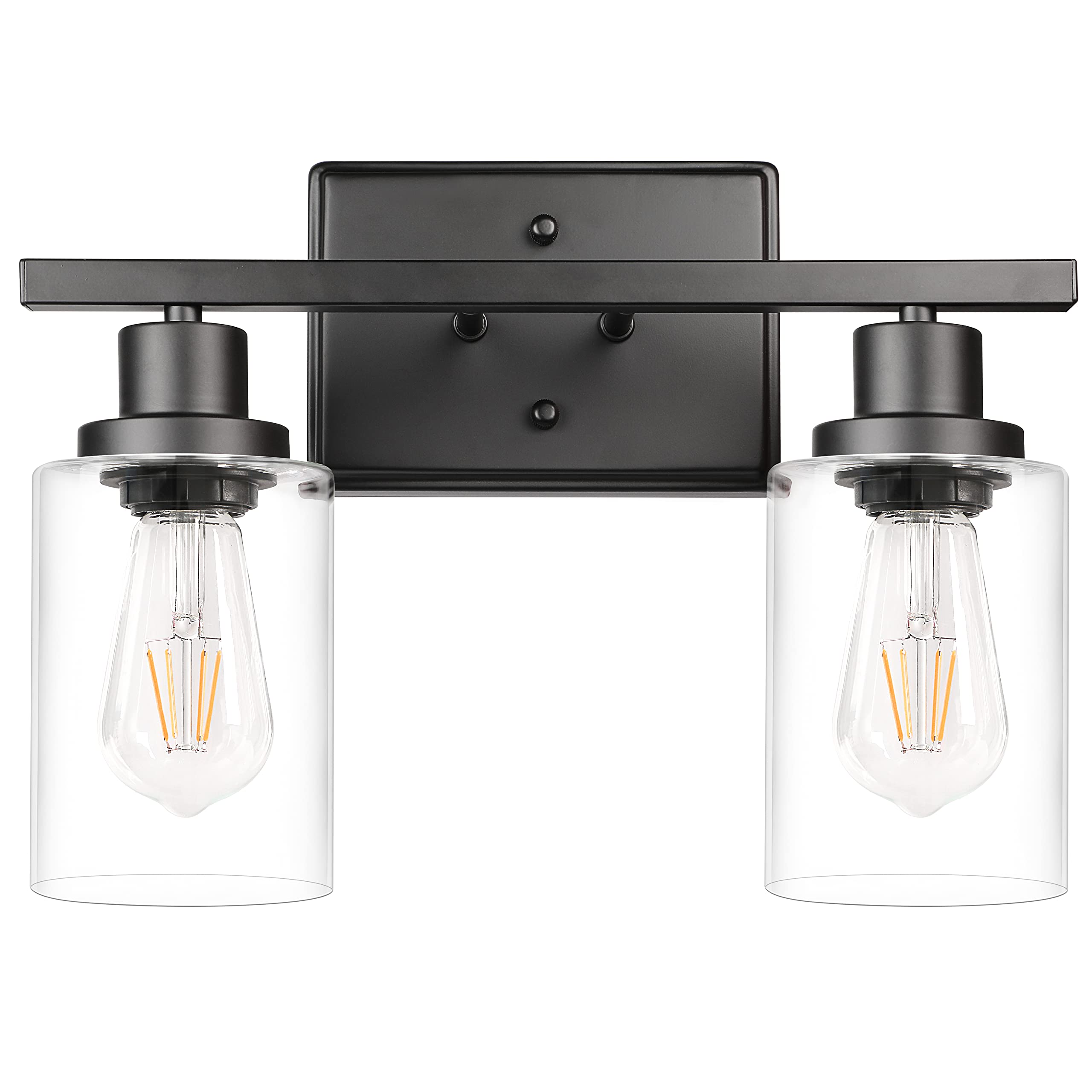 Ascher 2-light wall sconce with matte black finish and clear glass shade for hallway glow.