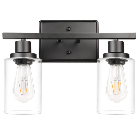 Ascher 2-light wall sconce with matte black finish and clear glass shade for hallway glow.