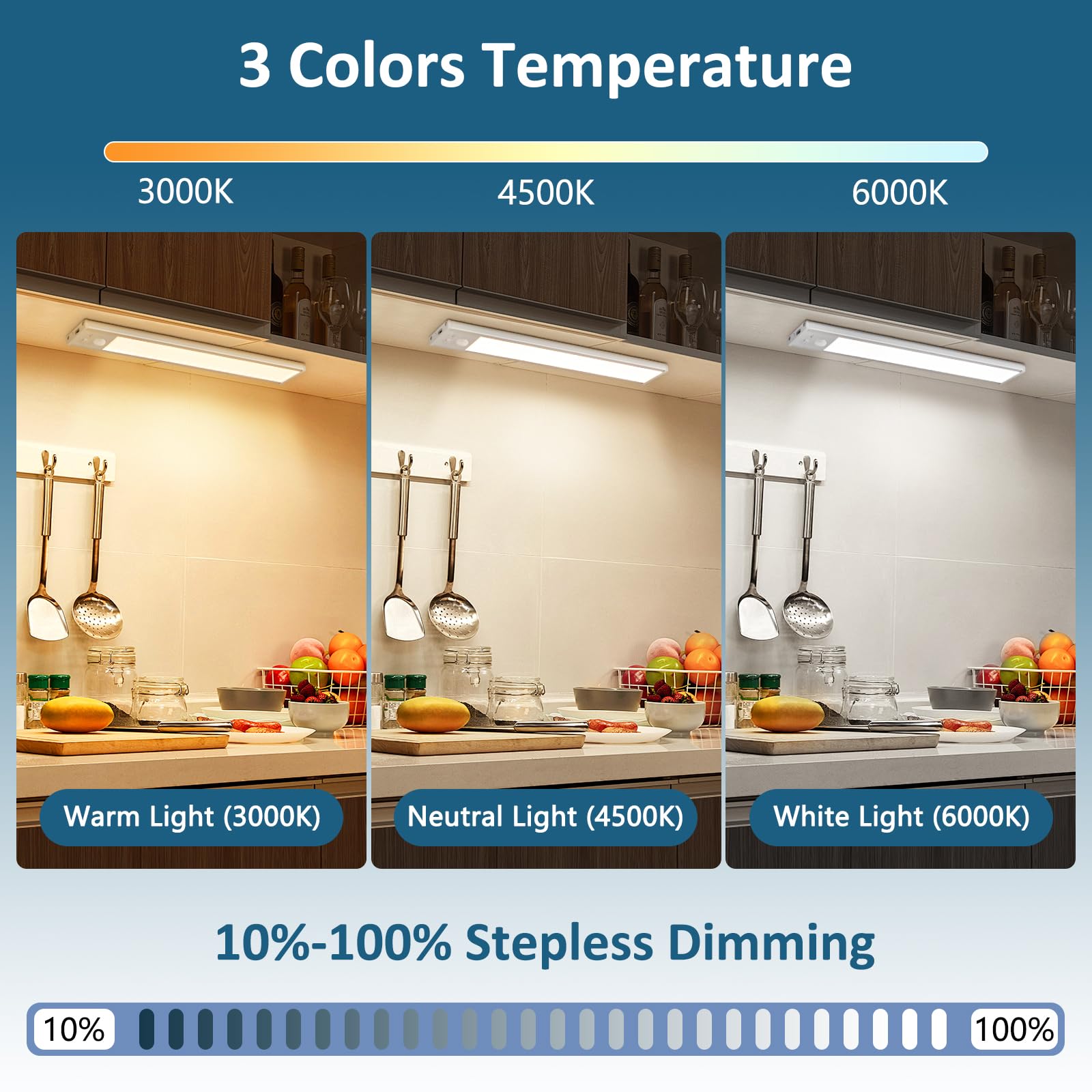 Ascher under-cabinet lights offering color temps 3000K-4500K-6000K