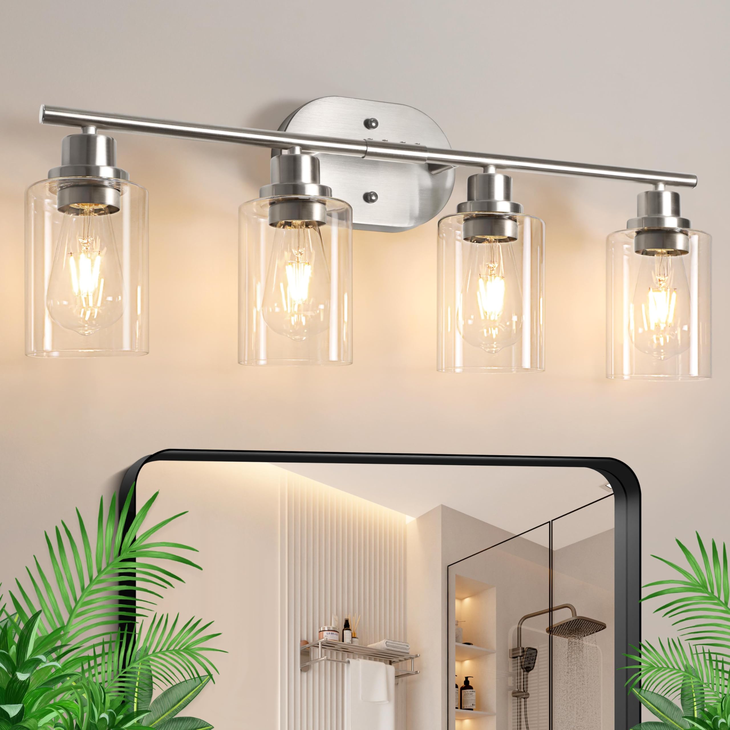 Ascher 4-light bathroom fixture with clear glass shades for ambient, even lighting
