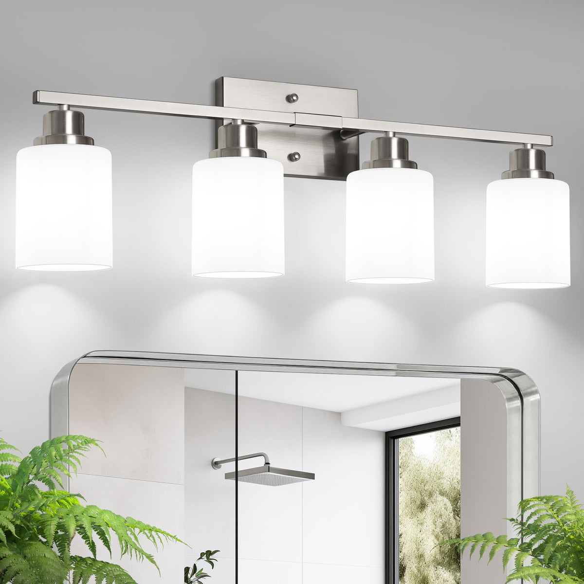 Ascher 4-light vanity with milky shades diffuses light for even glow
