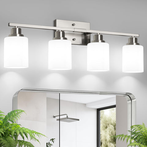 Ascher 4-light vanity with milky shades diffuses light for even glow