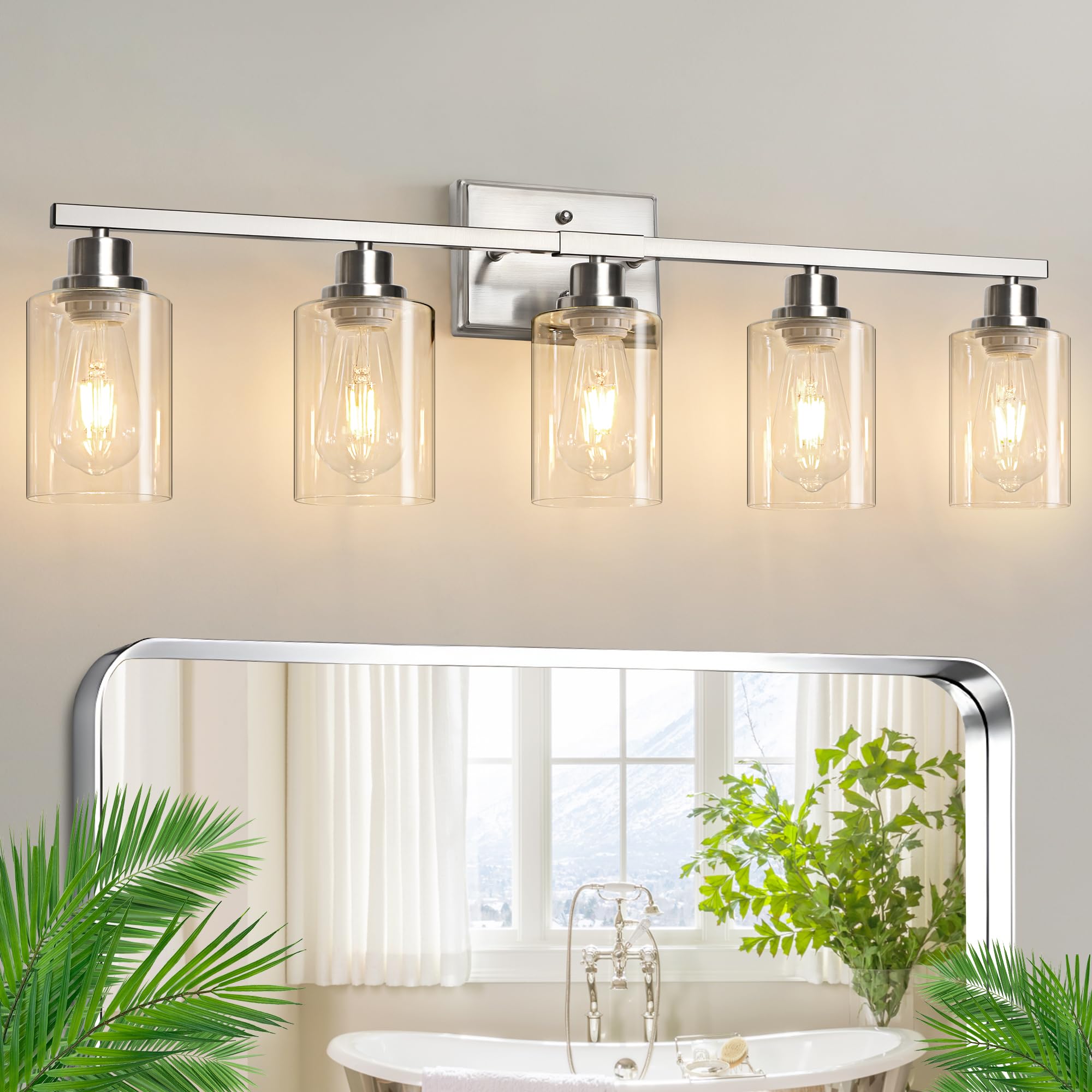 Ascher bathroom vanity fixture with five clear-glass shades for a bright, modern look