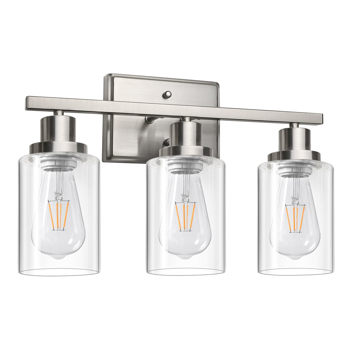 Ascher vanity light with three clear glass shades brightens bathroom mirror areas.