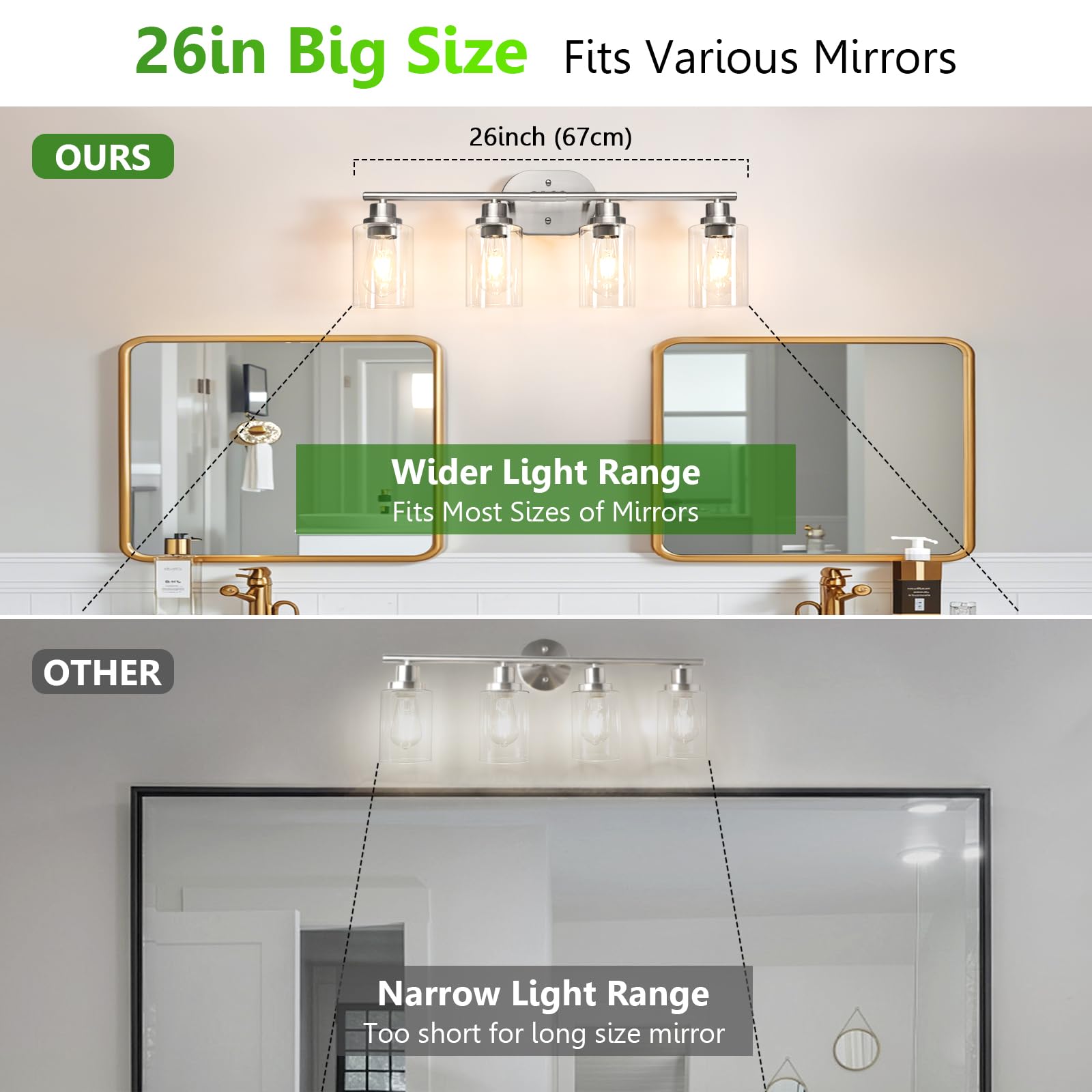 Ascher brushed nickel wall lamp showing up-down mount option for flexible bathroom lighting