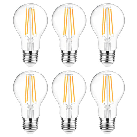 Ascher clear glass LED bulb A19 delivers 2700K warm light for cozy rooms.