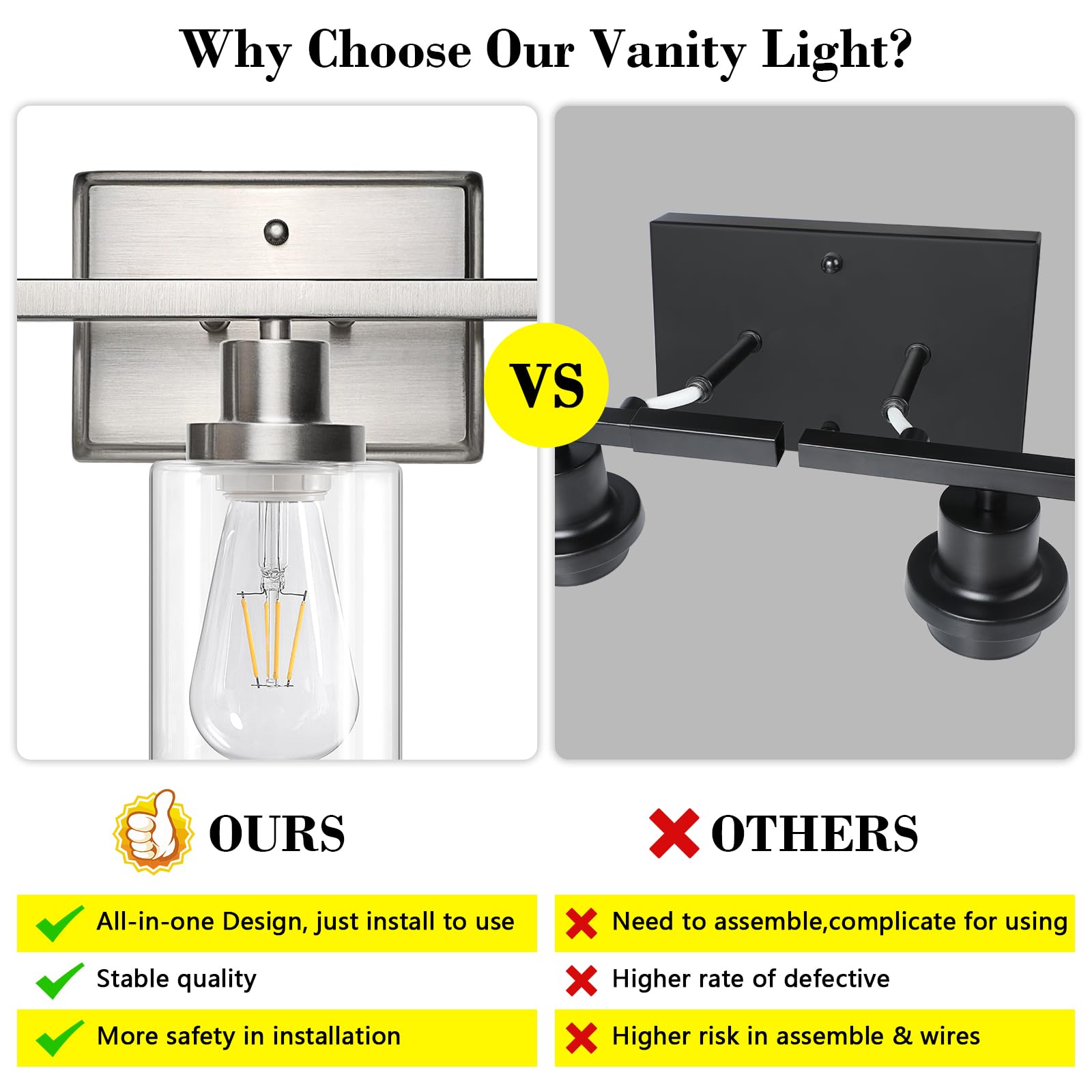 Clear glass shades diffuse light evenly around mirrors for welcoming ambience.