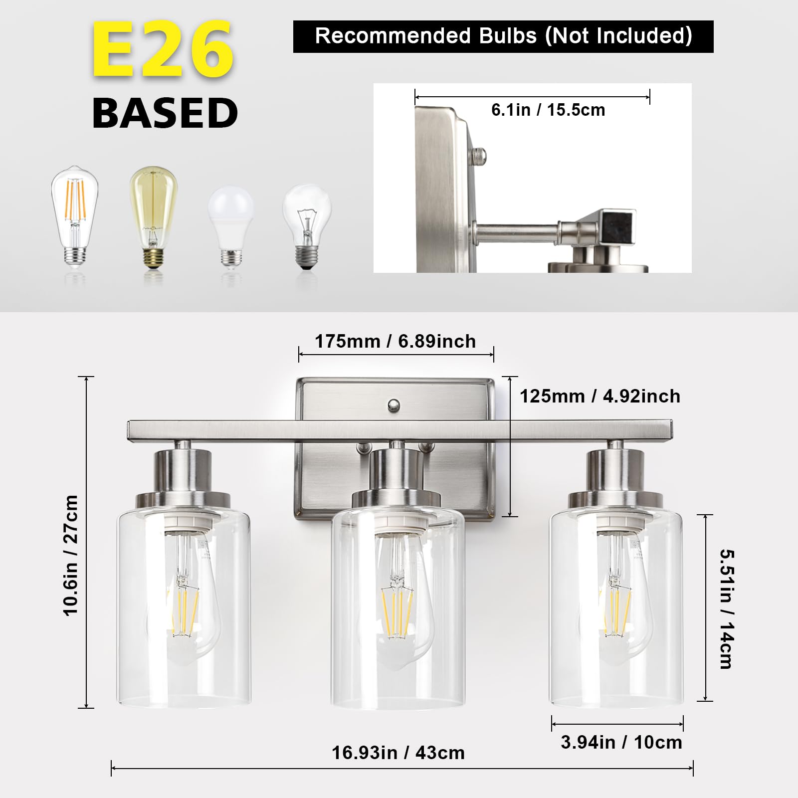 Three-light design allows adjustable brightness with dimmable bulbs and switches.
