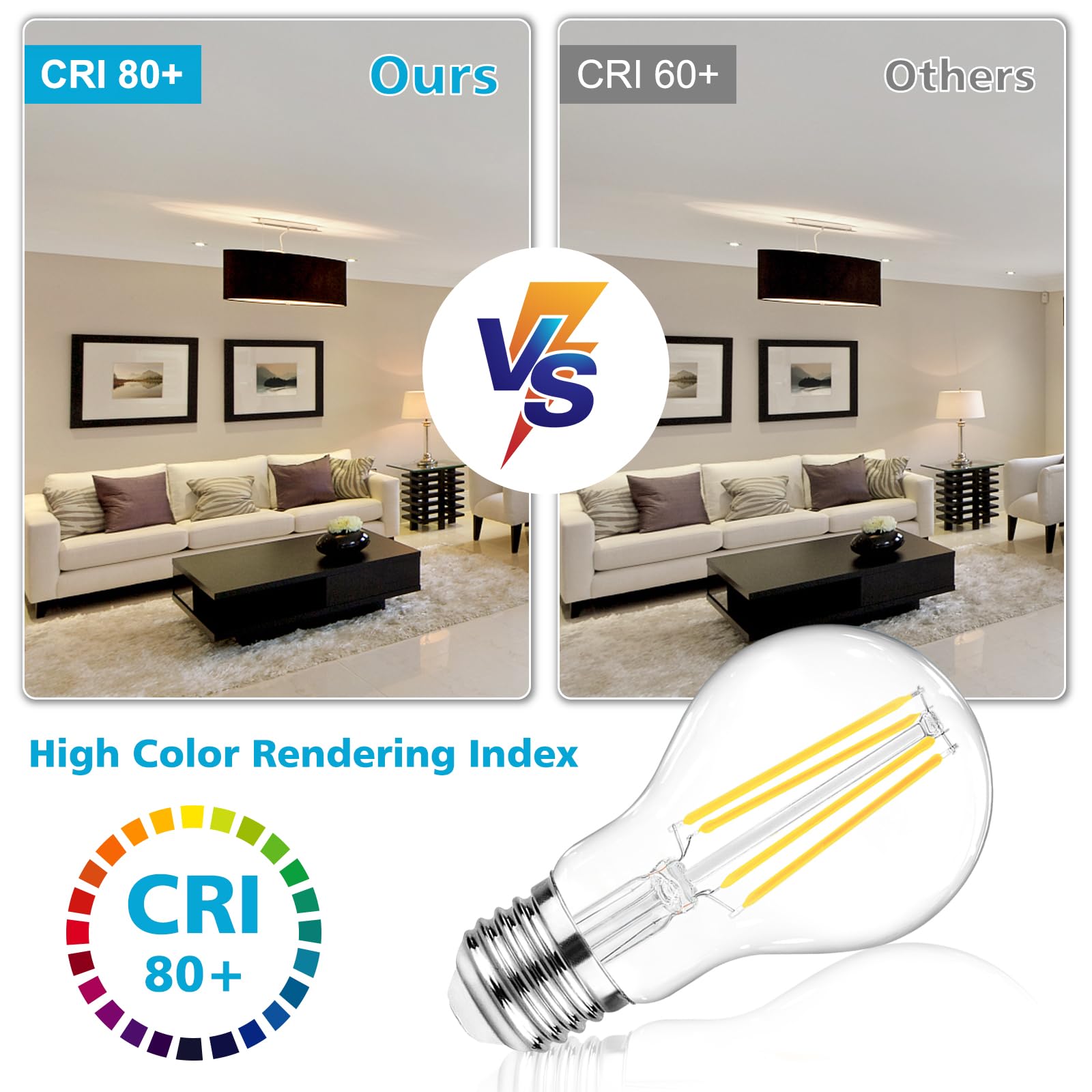 Ascher LED filament bulb in living room creating warm, inviting ambiance