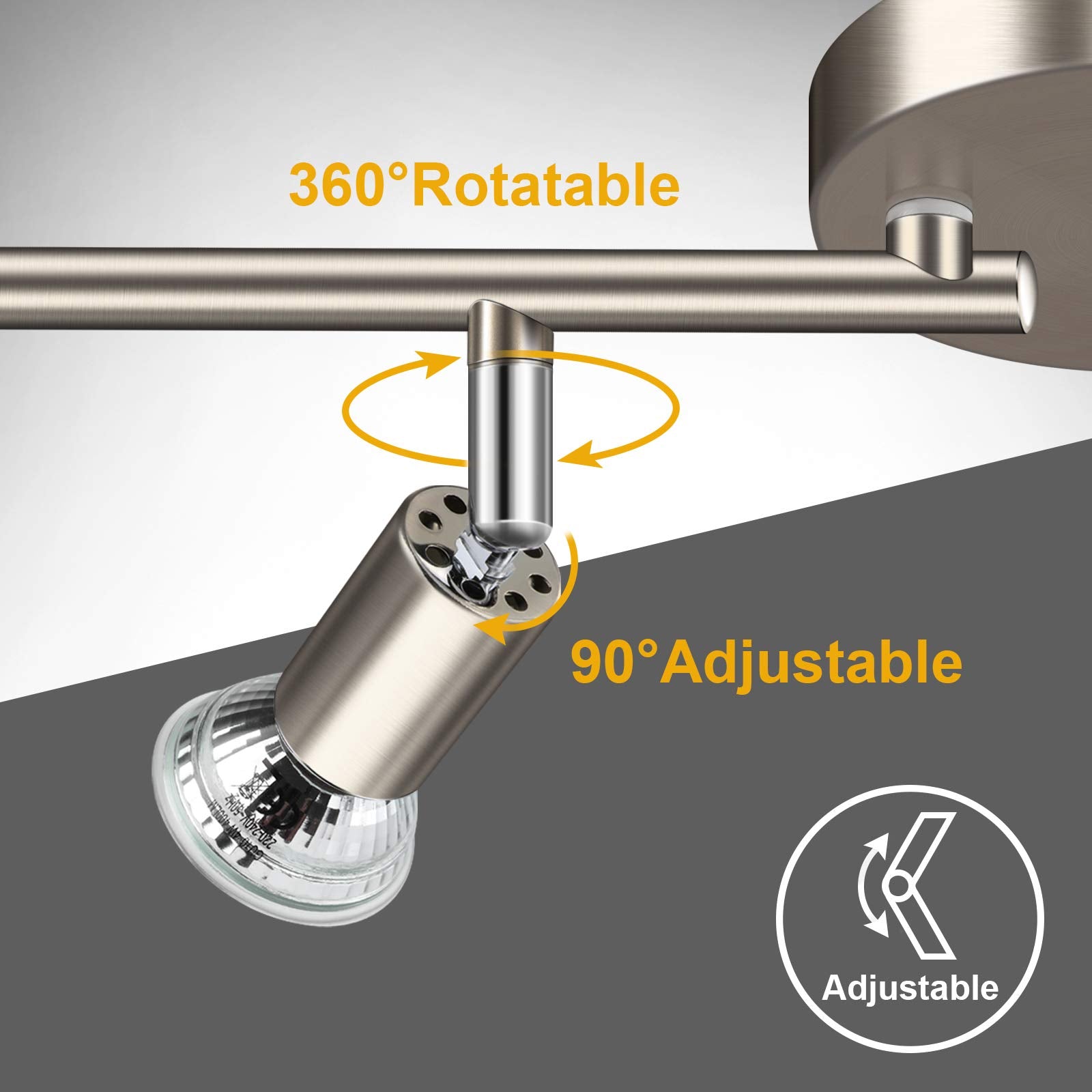 Ascher track heads rotate 360 degrees for flexible ceiling lighting.
