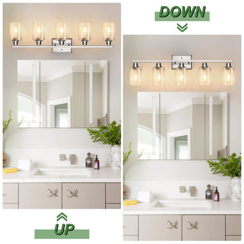 Ascher vanity light spanning 33 inches over a large mirror