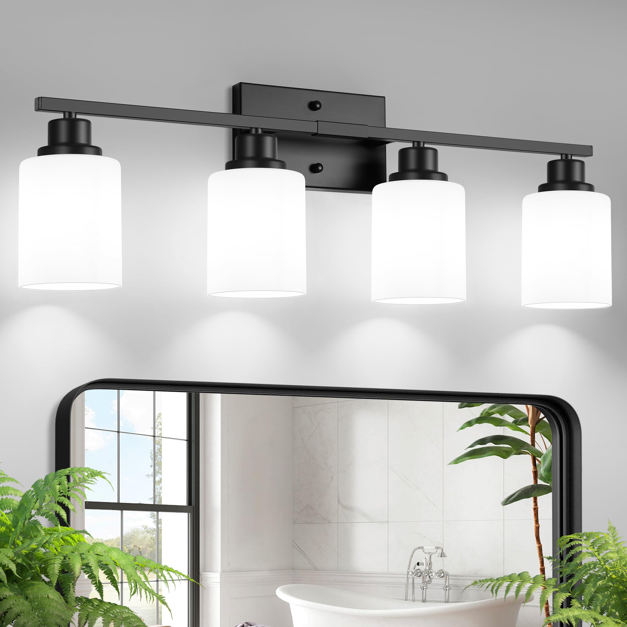 Ascher vanity light with four milky glass shades delivers soft, even illumination for grooming.