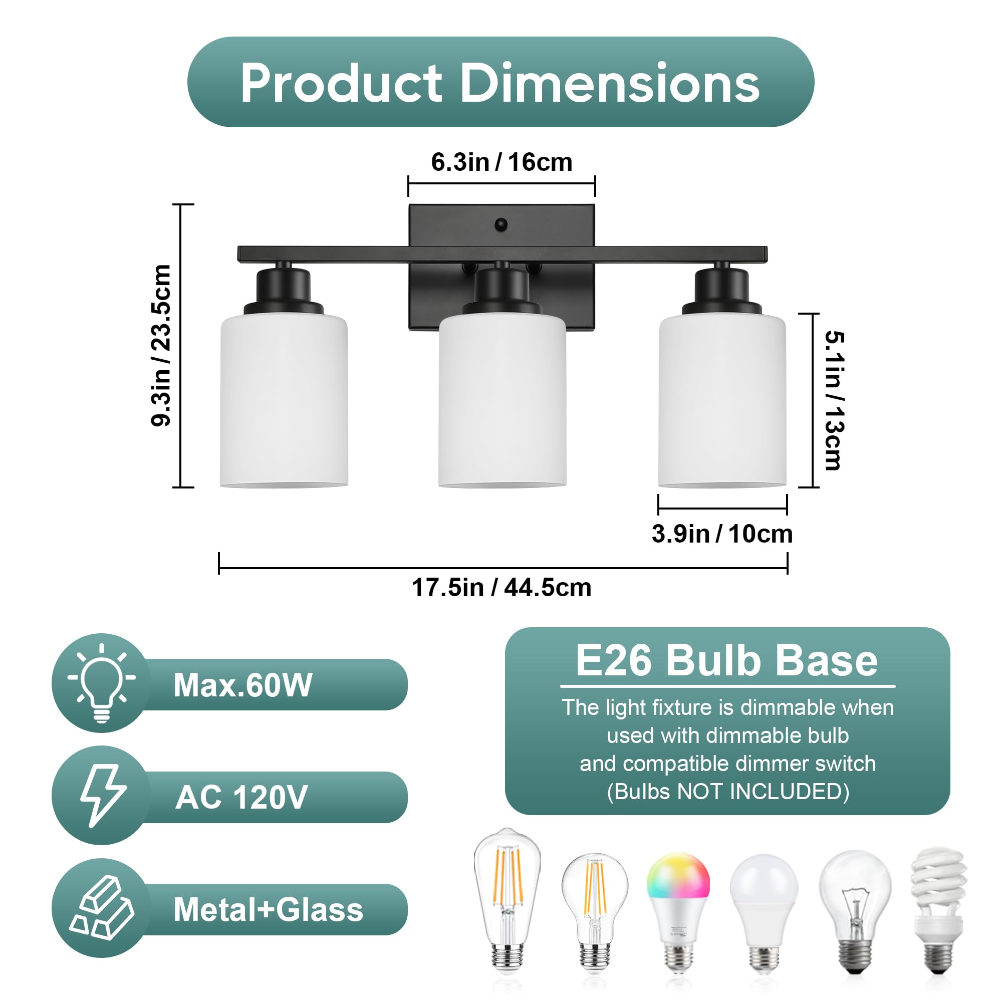 Ascher vanity light milky glass shades diffuse glare for comfortable illumination.
