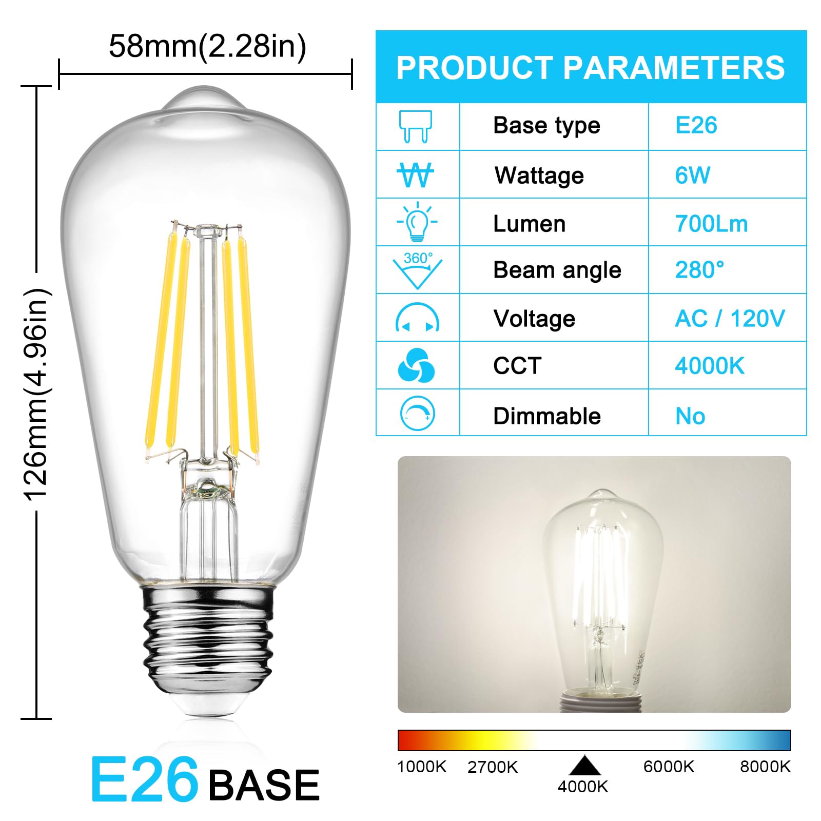 Ascher vintage LED Edison bulb filament close-up highlighting bright output and 80+ CRI.
