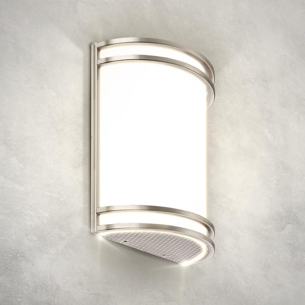 ASD LED wall light front view in brushed nickel adds clean hallway ambiance