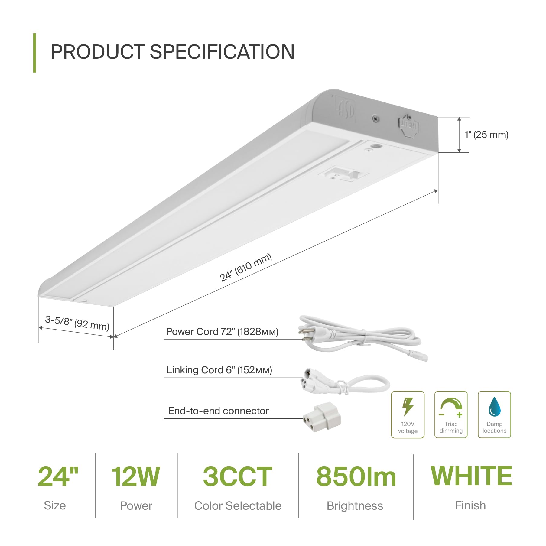 ASD 50-degree swivel lens focuses light onto countertops for precise illumination.