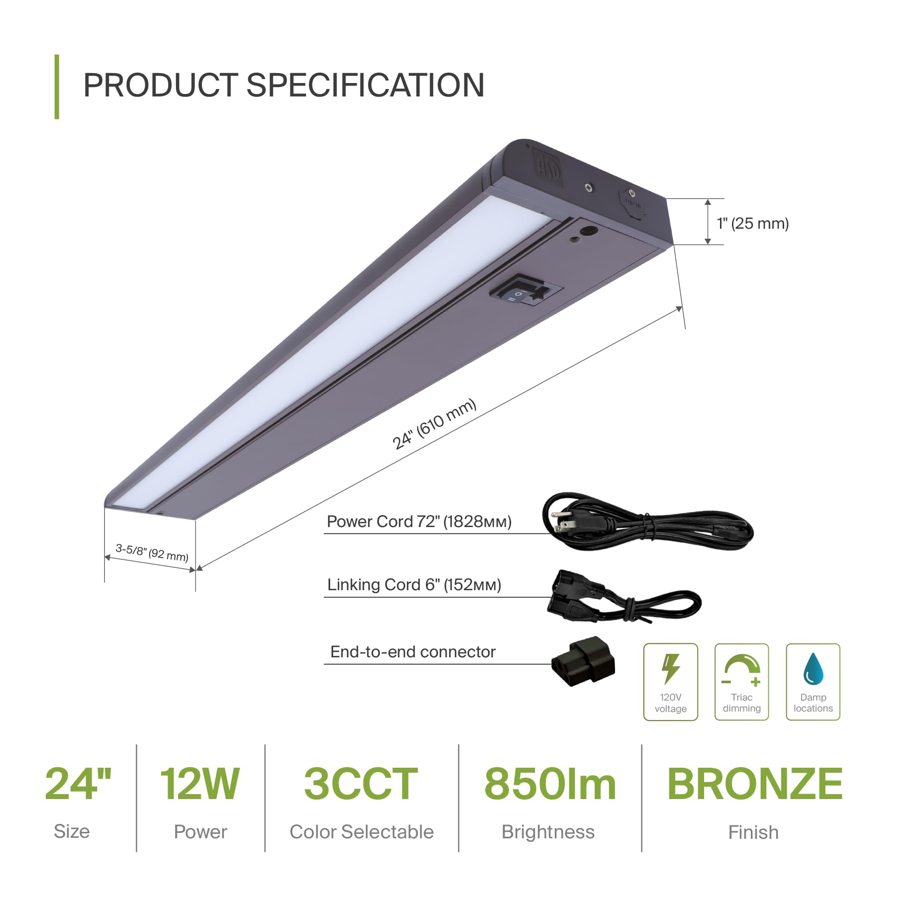 ASD bronze 24in under-cabinet light with selectable 2700-4000K for ambiance