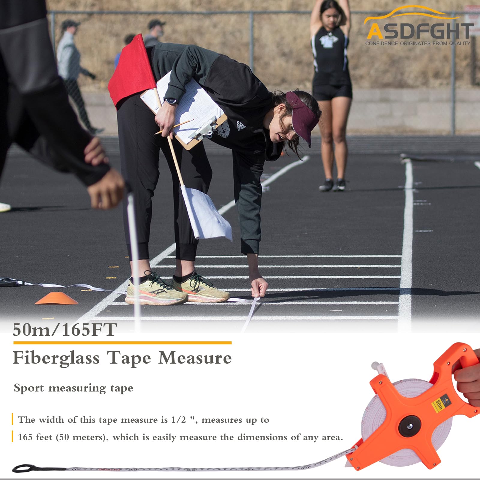 ASDFGHT dual-sided measurement reel shows feet and meters for quick field work