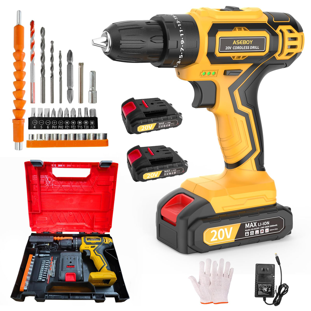 Aseboy cordless drill with battery and charger for extended DIY sessions.