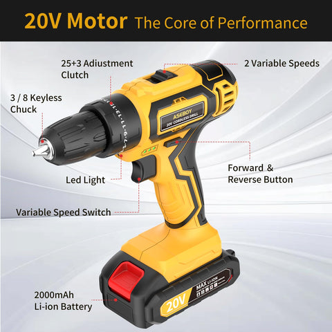 Aseboy cordless drill kit includes two batteries for longer projects.
