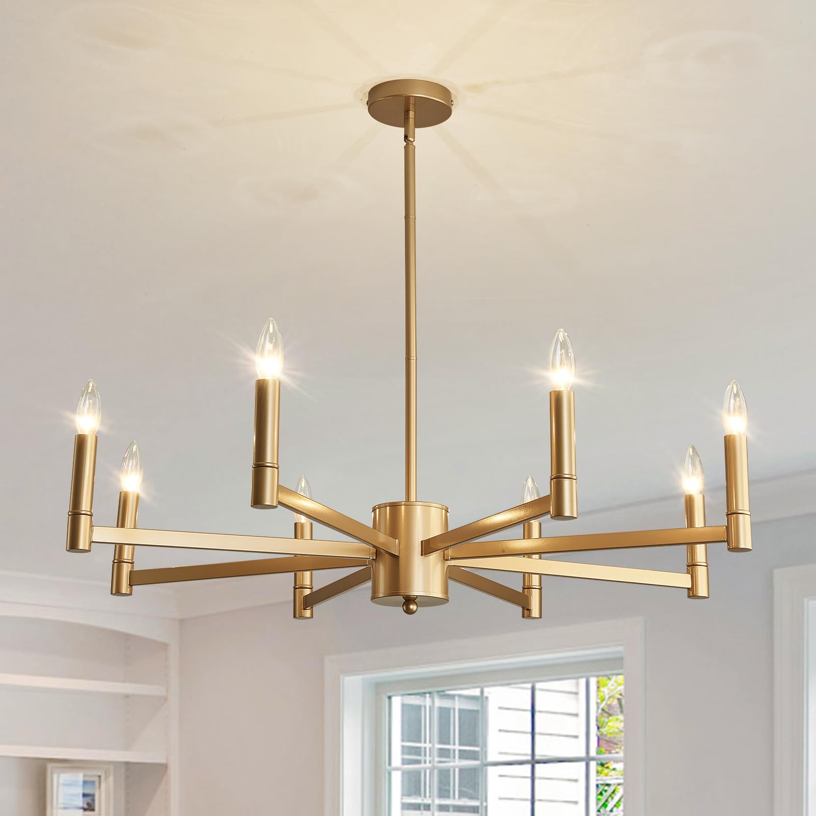 ASGYISA 8-light gold chandelier over dining table creates warm, inviting ambiance