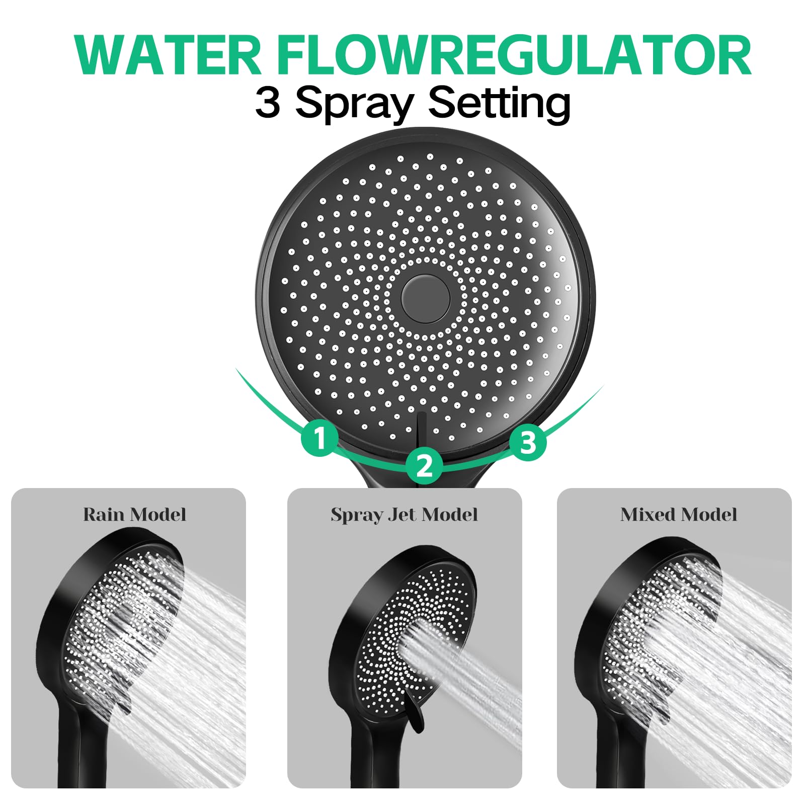 Ashwanth 3-way flow regulator lets you tailor water pressure.