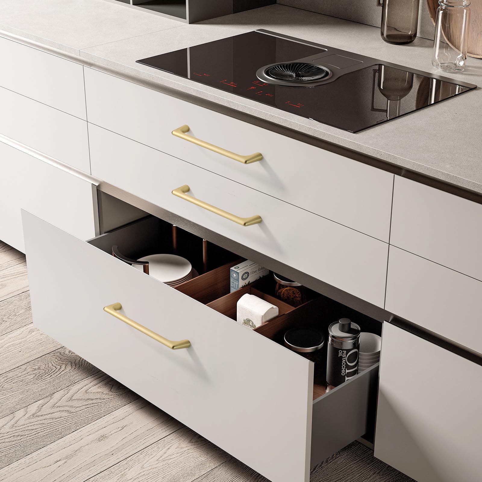 Asidrama brushed gold cabinet pull side view highlights comfortable projection.